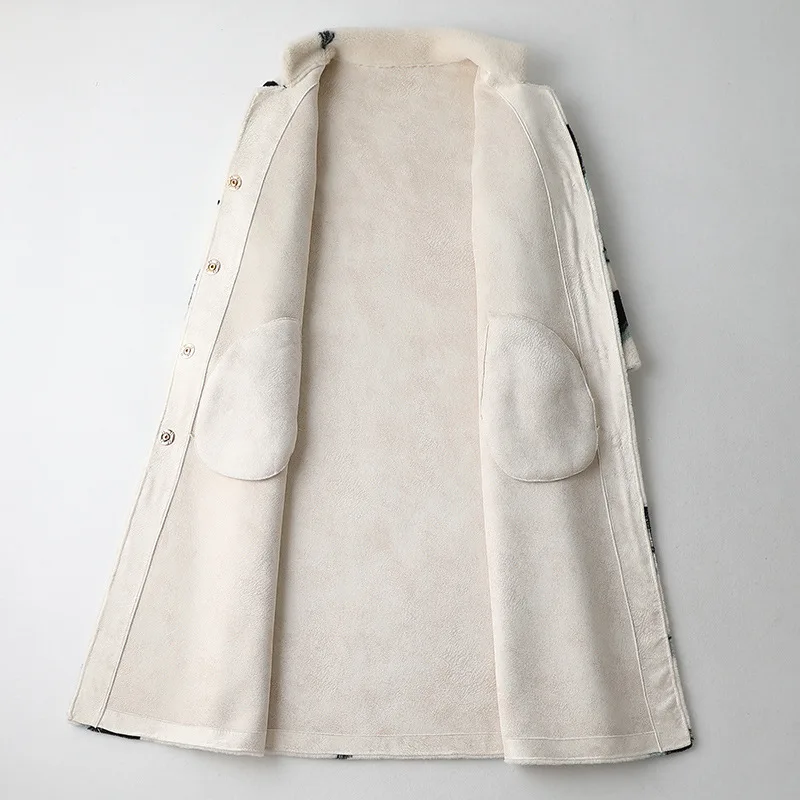 Women Wool Fur Autumn Winter Composite Fur One Piece Coat Print Long Thick Warm Half Sleeves Mandarin Collar Casual Pink Jackets