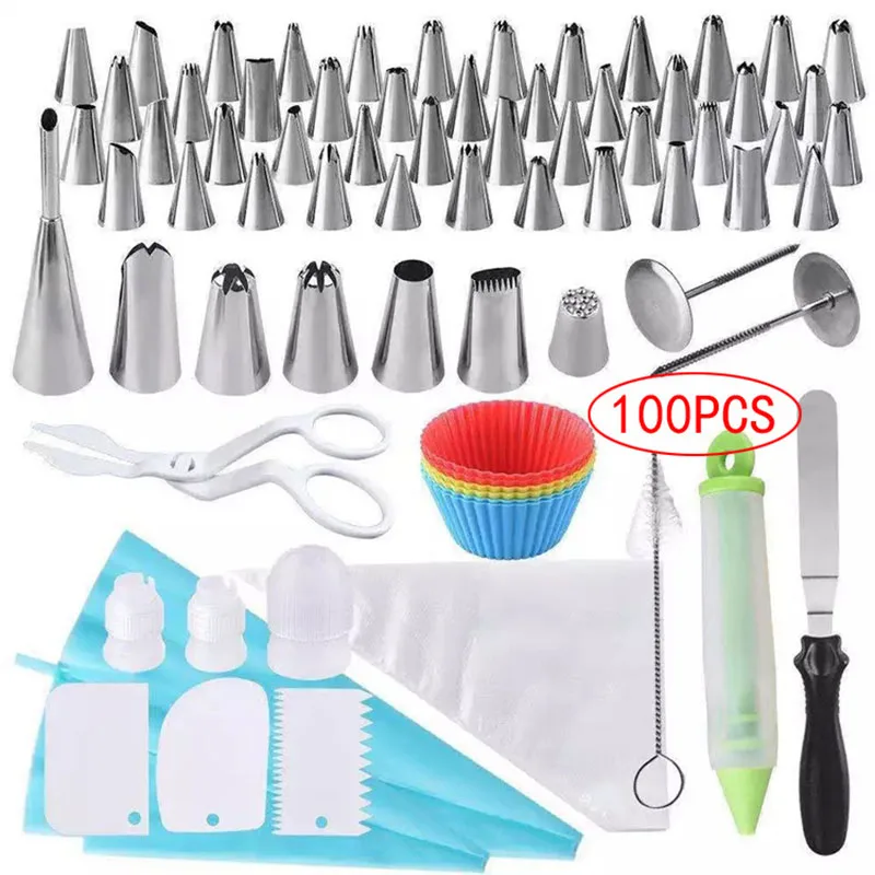 

100pcs Cake Decorating Set Stainless Russian Piping Tips Cream Confectionery Nozzles Scraper Pastry Bag Baking Tools For Cakes