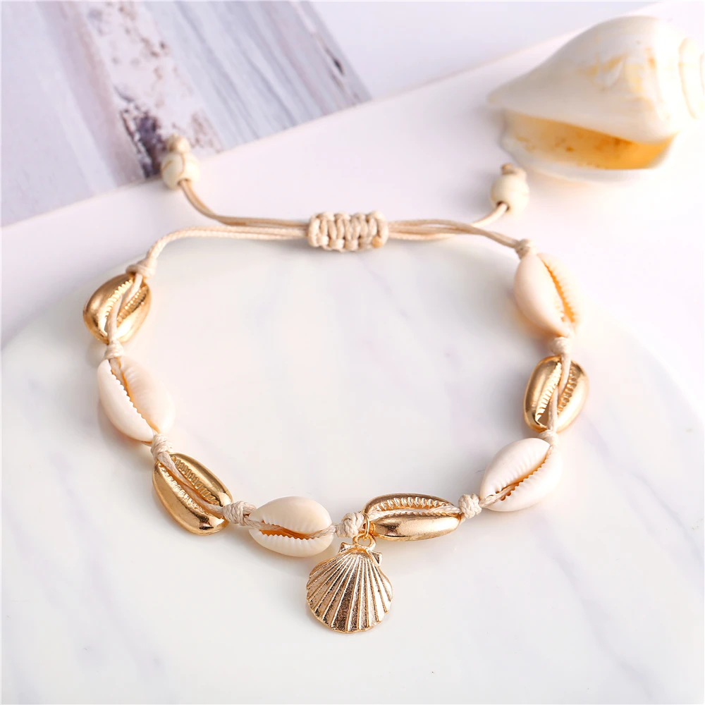 В винтажном стиле Цвет золотистый белый раковины пляжные браслеты на ногу для