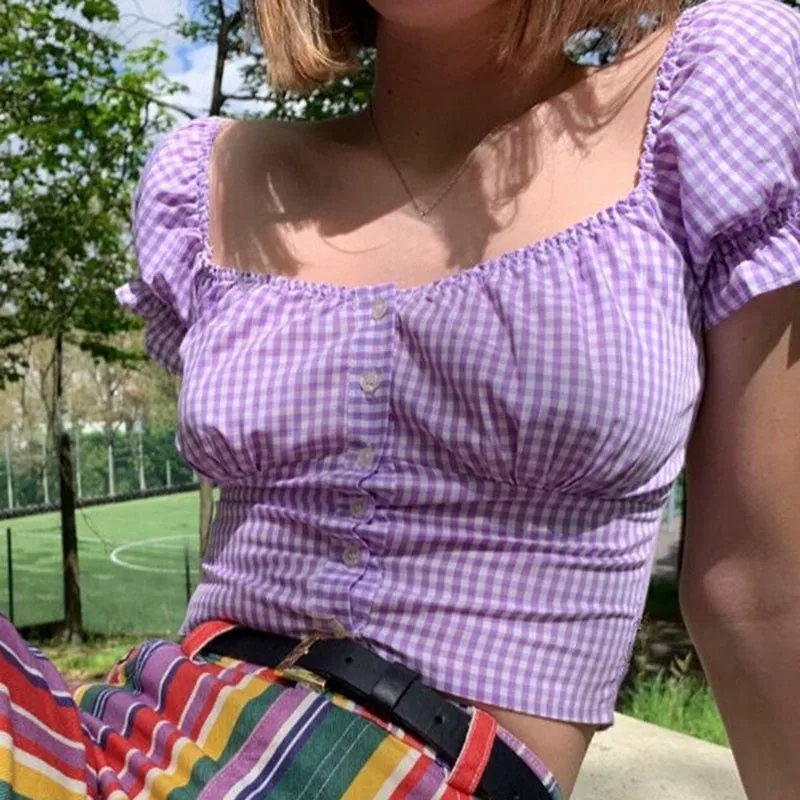 

Women's Blouse Summer Square Collar Short Sleeve Blouses Korean Crop Top Fashion Plaid Print Shirt with Buttons