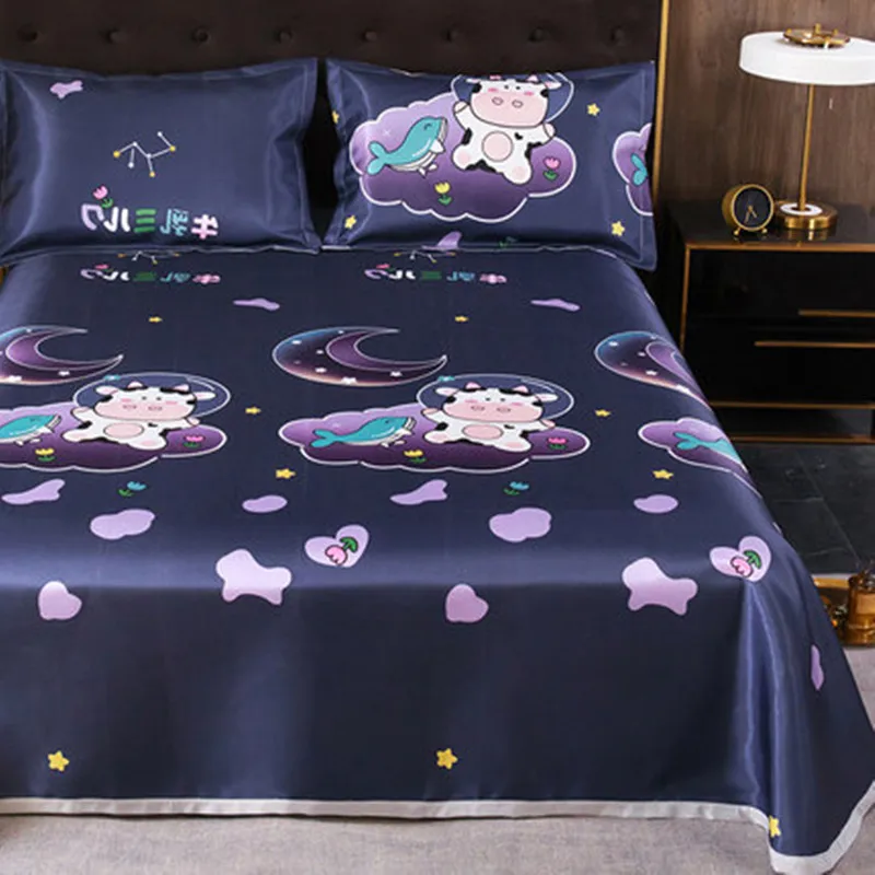 

Rayon Cartoon Bed Sheet Mod Bed Sheets Soft For King/Queen Size 1.5/1.8M Home Bed Silk Bedding Cover 1PCS Black Flat Sheet