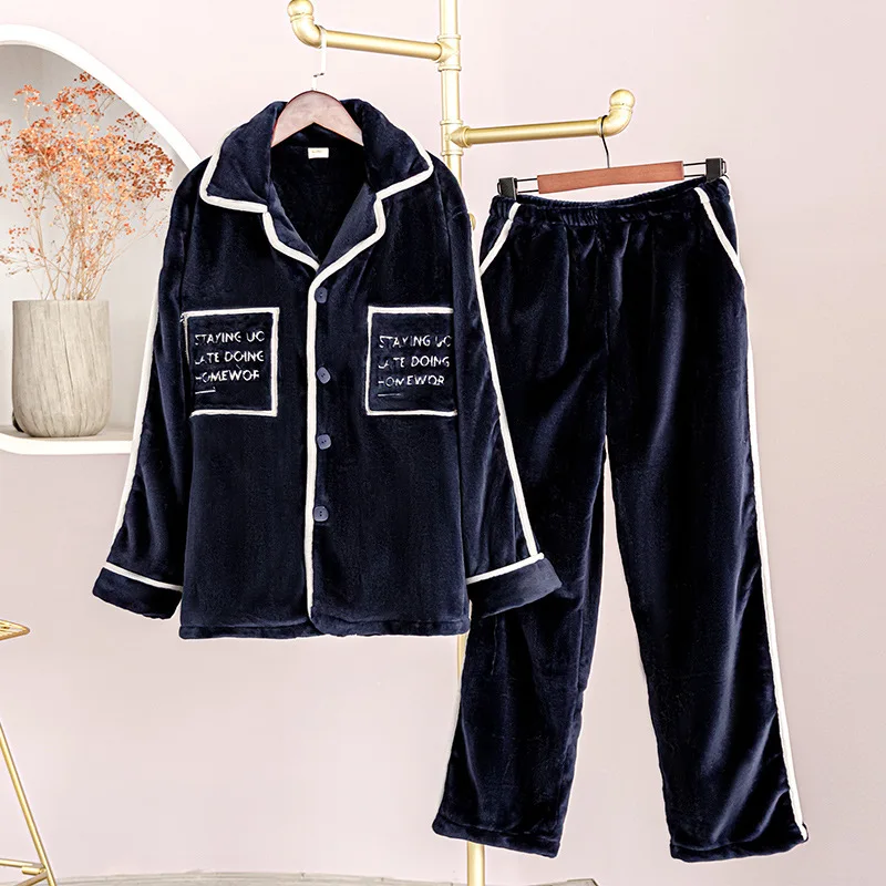 

Coral Fleece Couples Pajamas Set Winter Warm Flannel Sleepwear Plush Sleep Set 2 PCS Shirt&pant Casual Soft Home Clothes Pijamas