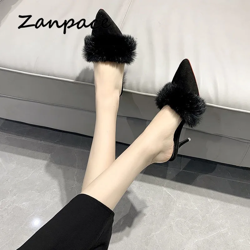 Туфли лодочки женские на высоком каблуке заостренный носок меховые шлепанцы