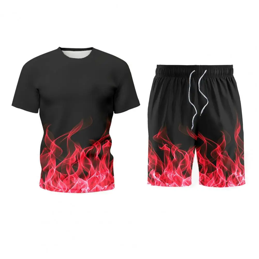 

3D Digital Print Men Tracksuit Drawstring Two Piece Summer Flame Print Polyester T-Shirt Shorts Suit Activewear for Sport