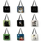 Сумка-шоппер женская с принтом черного кота, большая Экологически чистая сумочка-тоут на плечо с рисунком животного, шоппер для бутика