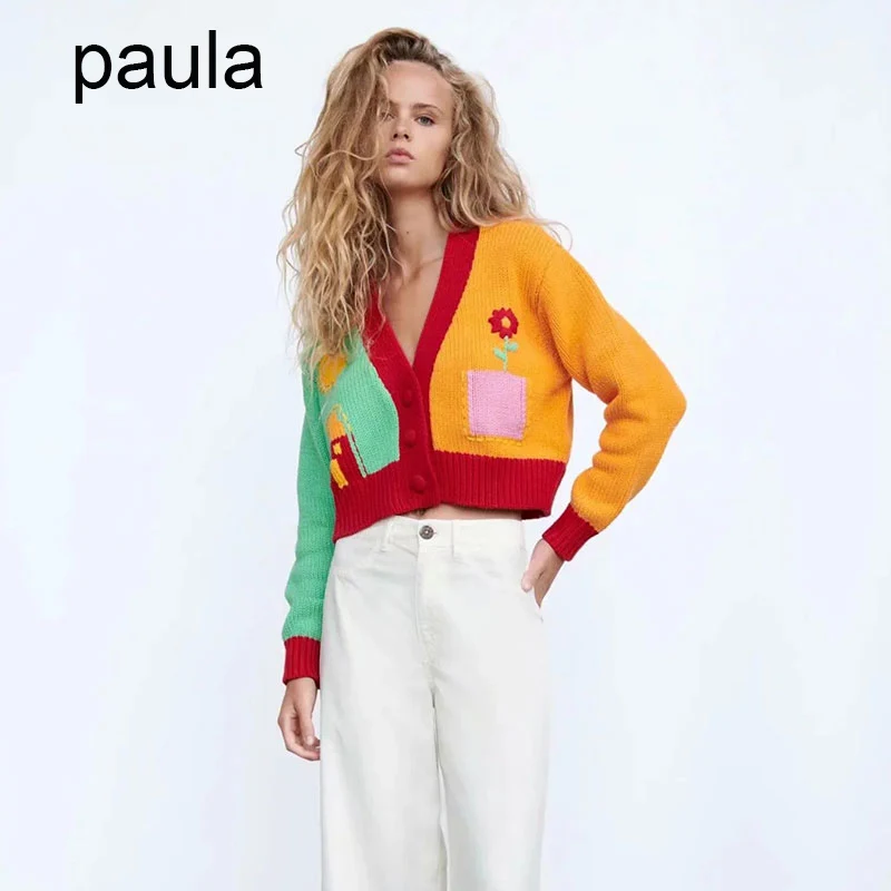 

Женский вязаный кардиган в стиле пэчворк, повседневный свободный короткий свитер с V-образным вырезом и длинным рукавом, Осень-зима 2021