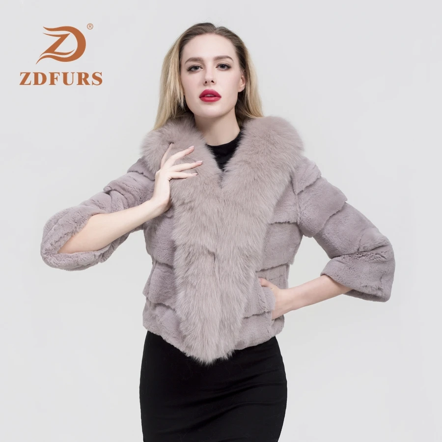 ZDFURS* 2019 new fashion whole skin rex rabbit fur coat female winter new big fox fur collar fur coat warm fur outerwear