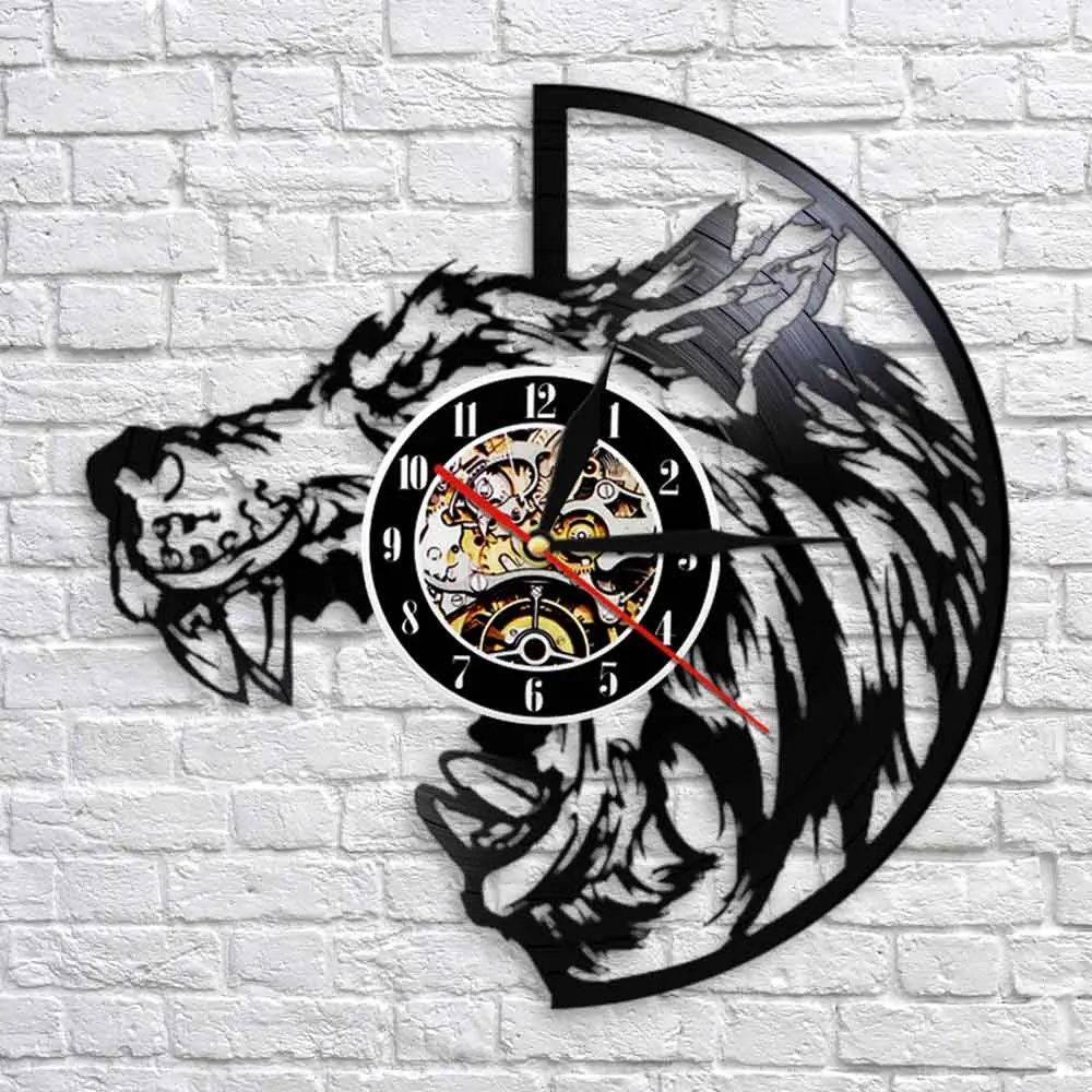 Настенные часы с изображением головы волка острыми зубьями виниловые властные
