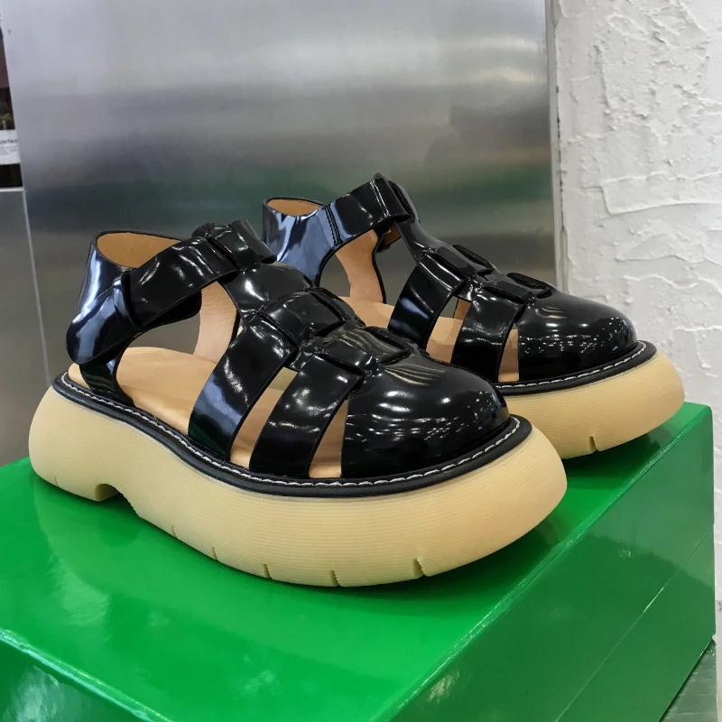 

Summer Beige hollow platform sandals leather round toe dress shoes women's fashion height increase beach sandals