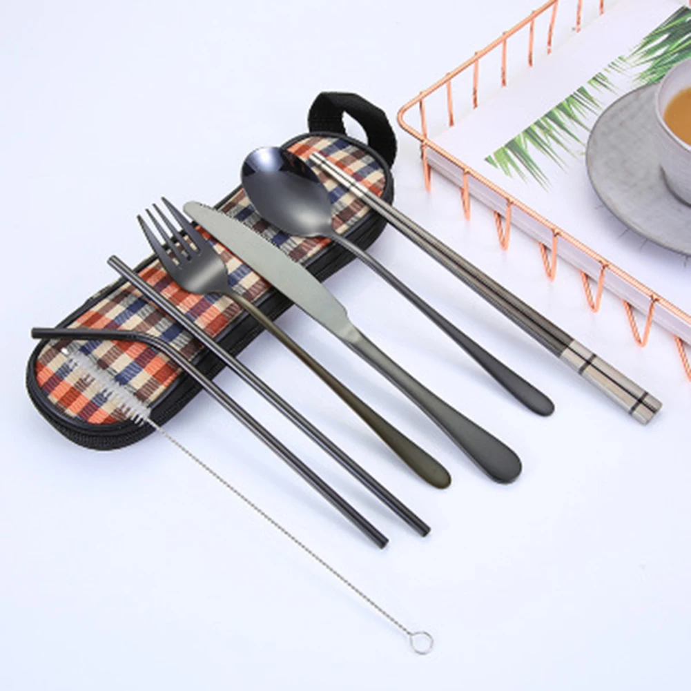 Набор дорожной посуды 8 в 1 из нержавеющей стали соломенная ложка вилка палочки