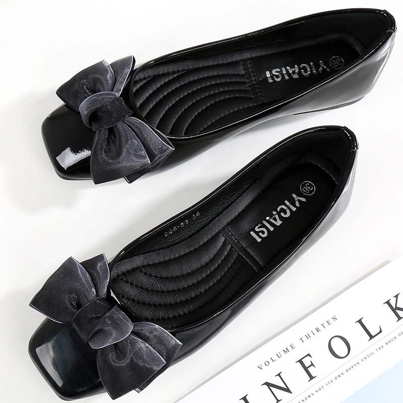 Ballet Flats Shoes Woman Patent Leather Bowknot Sweet Fashion Design Lady Girls Daily Spring Autumn Casual Shoes For Women 2023