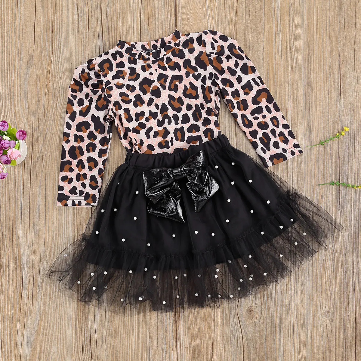 Ropa de leopardo para ni&ntilde;os y ni&ntilde;as, jersey de manga larga, camisetas, Tops, faldas con lazo de encaje de perlas, conjuntos de 2 uds. 2021-1