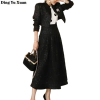 autumn winter fashion 2 two piece set women short tweed jacket coat and a line midi skirt office lady long skirts suit