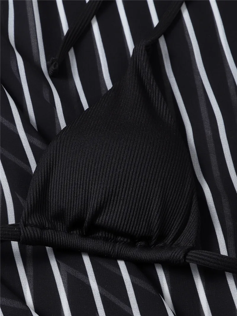 

Striped Bikinis Set 3PCS Sexy Women Swimwear 2021 New Push Up Strap Bra Thong Bikini Cover Ups Side Split Long Skirts
