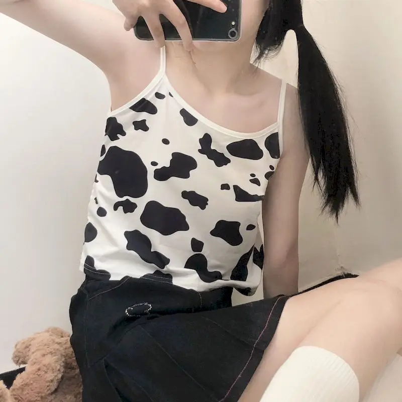 

Japanese soft girl women tank top cow pattern kawaii vest summer bottom vest Korean loose underwear bra camisole short crop tops