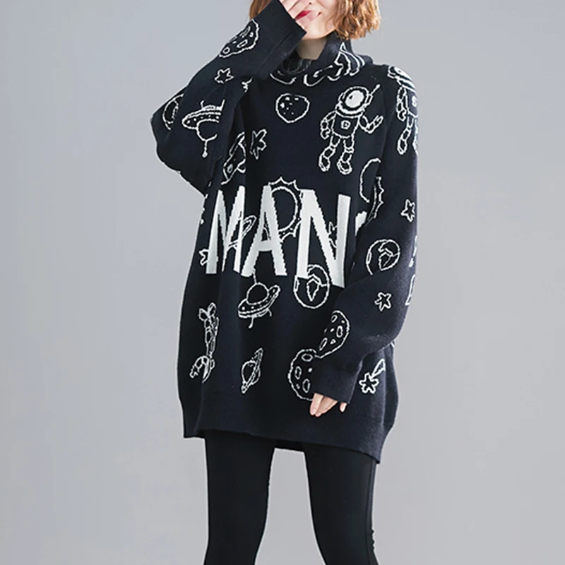 Women Casual Black Turleneck Sweater Letters and Space Pattern Loose Knitting Oversized Clothes | Женская одежда