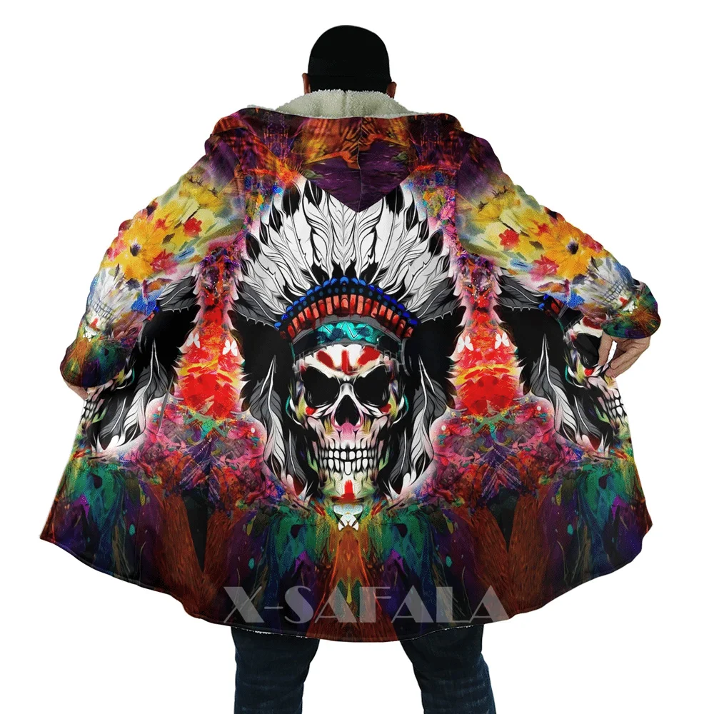 

Native Totem Feather Eagle Skull All Over 3D Printed Overcoat Thick Warm Hooded Cloak Coat for Men Windproof Fleece Outerwear