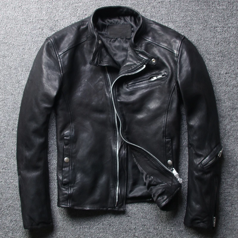 

Free shipping,Brand mens 100% genuine leather slim Jacket,classic casual tanning sheepskin jacket,cool motor style jacket.
