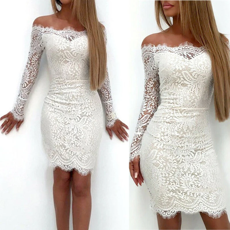 

Hirigin 2020 Fashion Elegant White Lace Women Dress One Shoulder Summer Women's Long Sleeve Party Dress