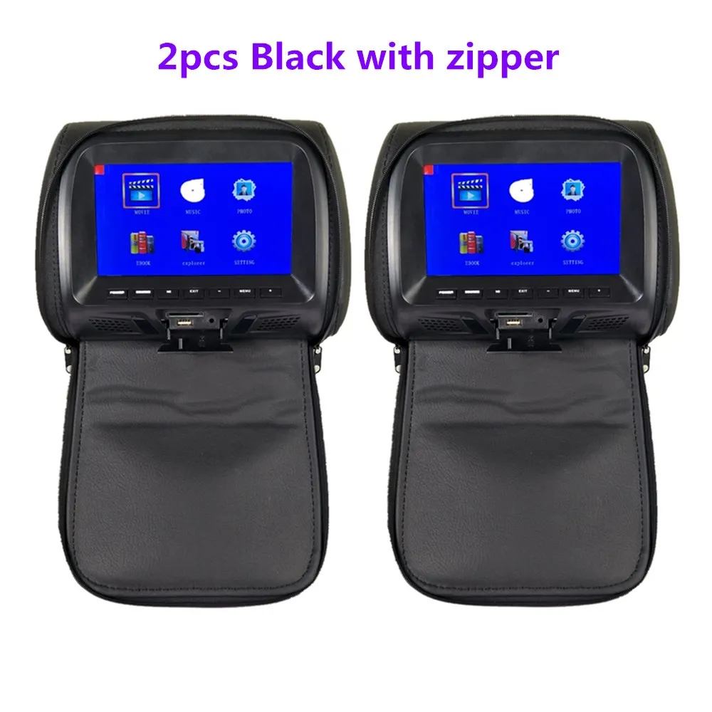 Black with zipper 2 шт. Универсальный " экран Автомобильный подголовник монитор MP4 MP5 плеер Поддержка AV/USB/SD вход/Функция FM/Встроенный динамик/наушники - Цвет: Black with zipper