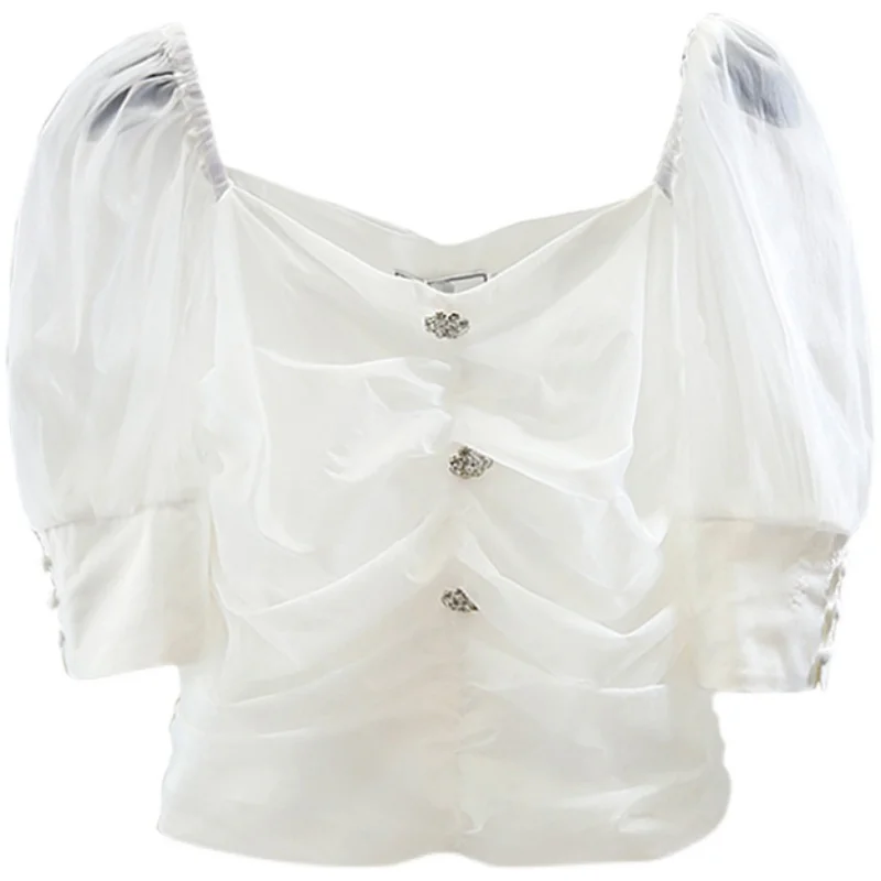 Chemise courte à manches bouffantes plissées et à col carré pour femmes, vêtement amincissant, De couleur blanche et noire