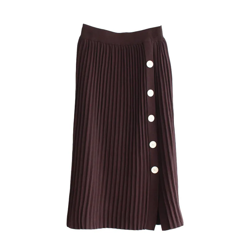 brown Осенне-зимние эластичные юбки с высокой талией для женщин s Faldas Mujer Moda Jupe вязаные плиссированные юбки женские тонкие юбки на пуговицах - Цвет: brown