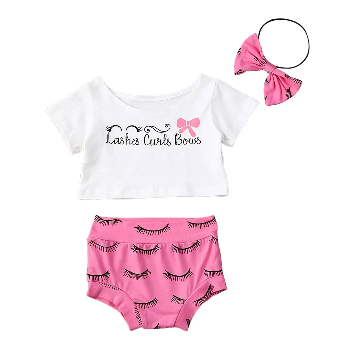 

Newborn Baby Girl Clothes Sets White Short Sleeve Print T Shirts +Shorts Headband
