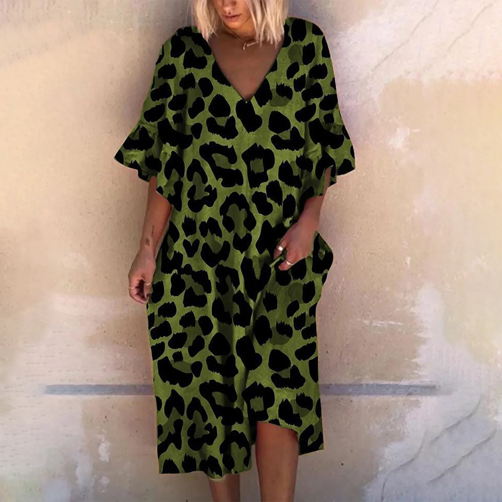Женское леопардовое платье с коротким рукавом и V образным вырезом|Женские