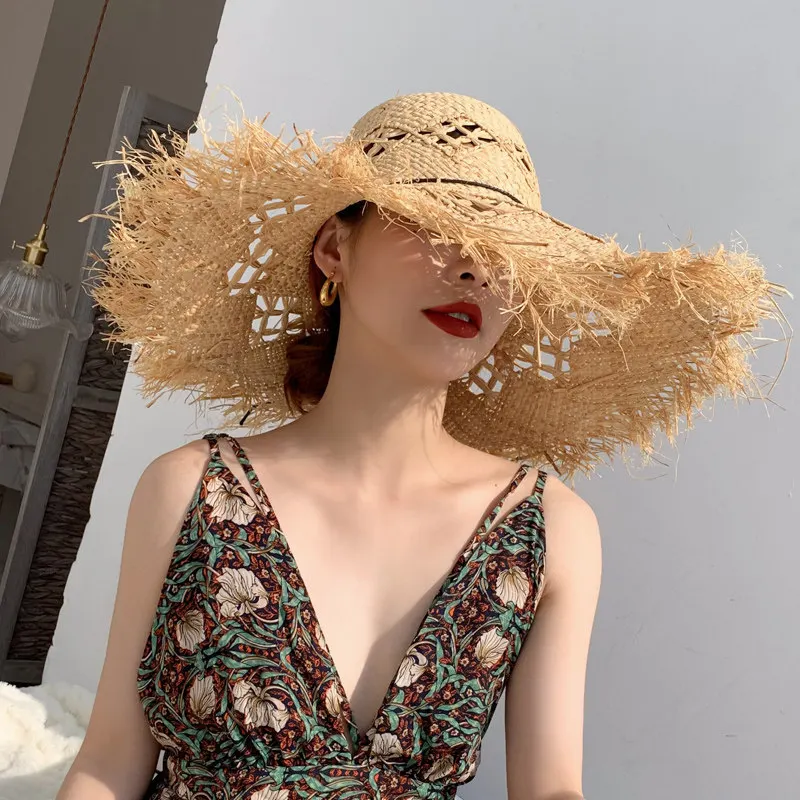 Women Summer Natural Raffia Straw Hat Sun Hat Big Brim Floppy Fringe Hollow Sunscreen Bucket Cap Bohemia Beach Cap Fashion New