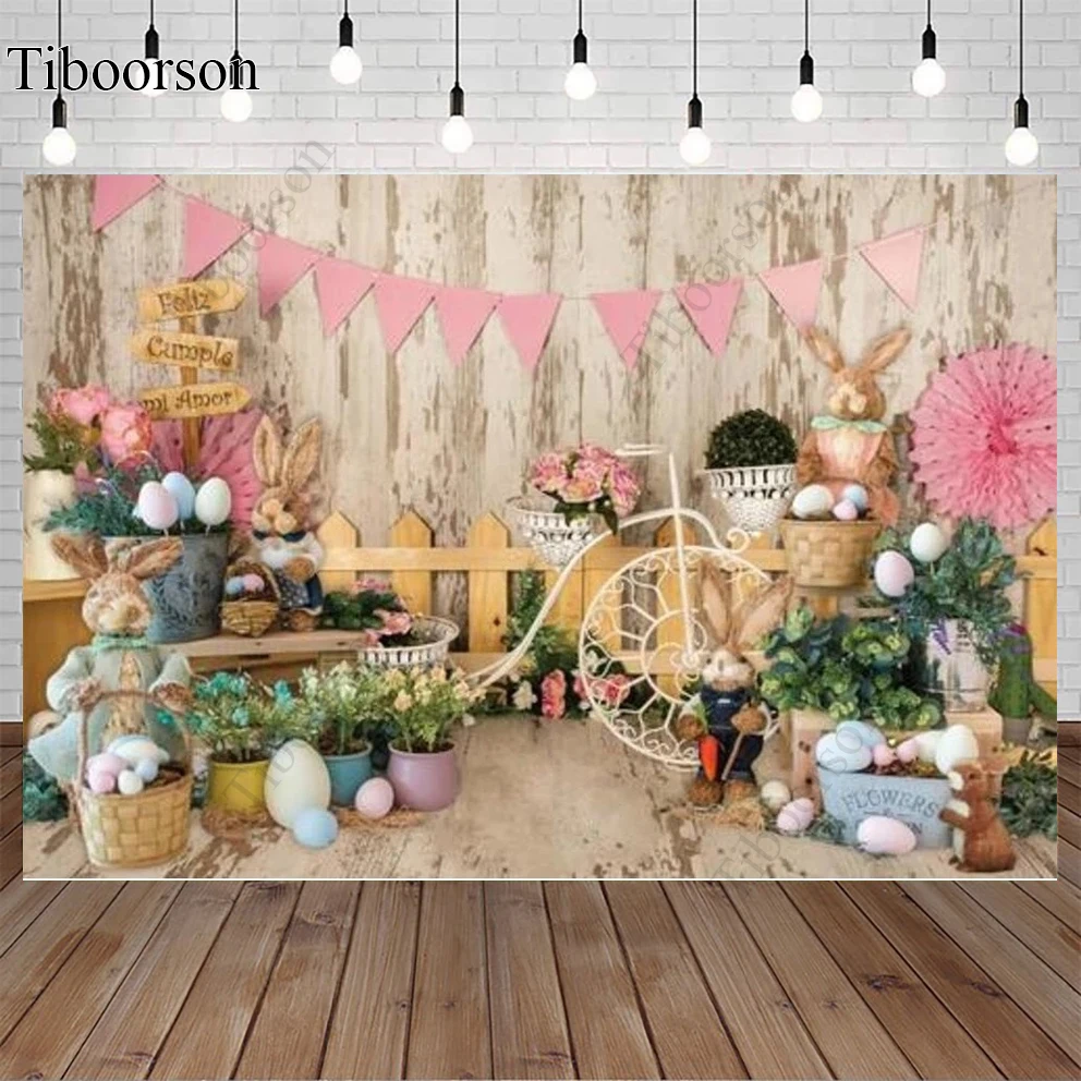 

Bunny Spring Easter Backdrop Wood Wall Floor Rabbit FloralEggs Photography Background Party Decor Banner Decoration
