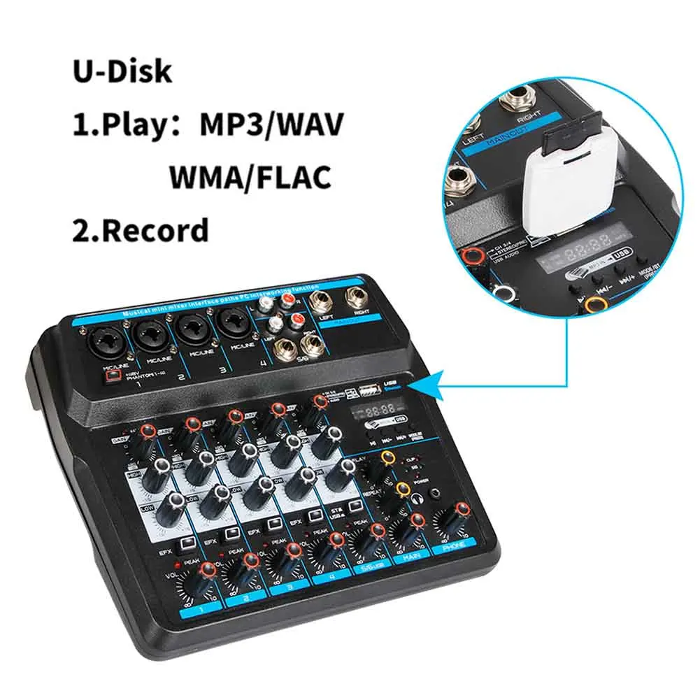 6 каналов USB консоль для караоке беспроводной Bluetooth аудио миксер 48 В фантомная