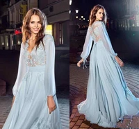 2020 elegant sky blue evening dresses long sleeves lace chiffon v neck with buttons back formal prom gowns vestidos de noiva