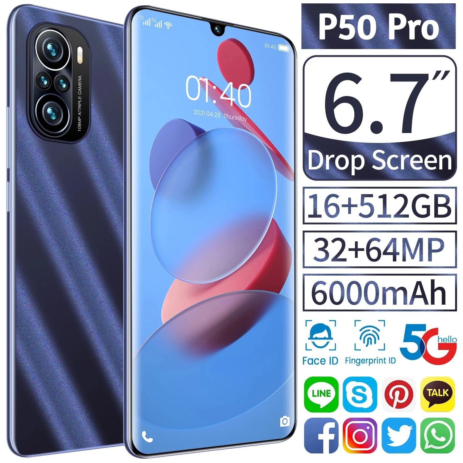 

New version Hawei P50 Pro 5G Smartphone 6.7 Inch 16GB + 512GB Face/Fingerprint Unlock Dual Sim Phone Smartphone 32+64MP