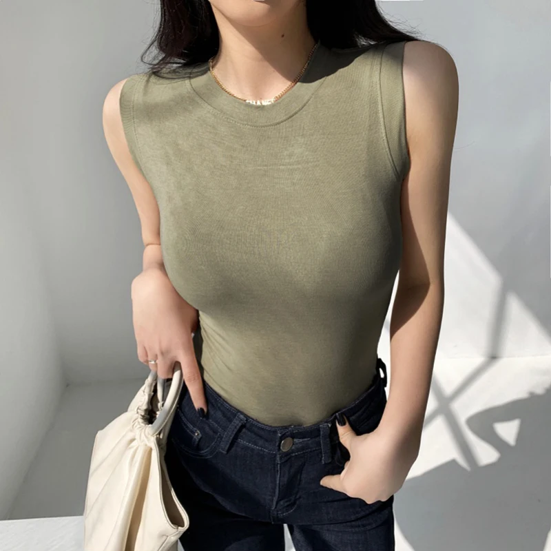 Women Solid Round Neck Ribbed Tank Top Camisole Women Summer Basic Elastic Slim Tank Top O Neck Solid Tank Top 2021