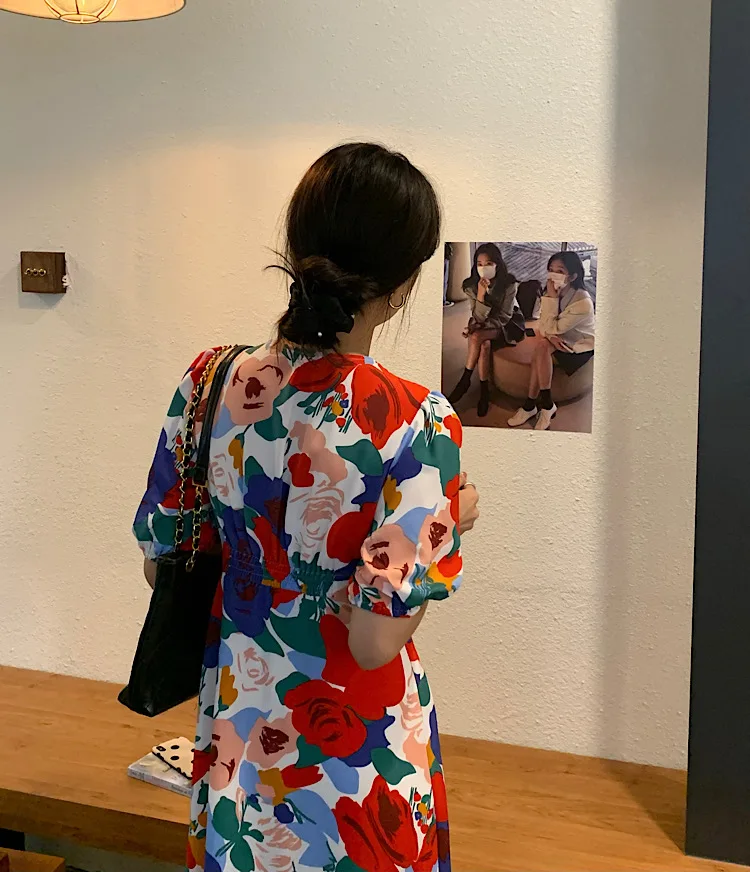 

GRUIICEEN Mixed Color Flowers Dress Female Elegant Summer Party Dresses For Women Fashion V-Neck Long Dress