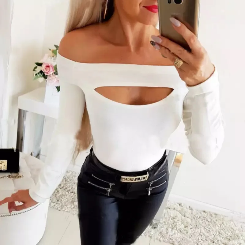 

Новая Однотонная футболка с вырезами, пикантные футболки с открытыми плечами, модные эластичные облегающие топы, женский джемпер с длинным ...