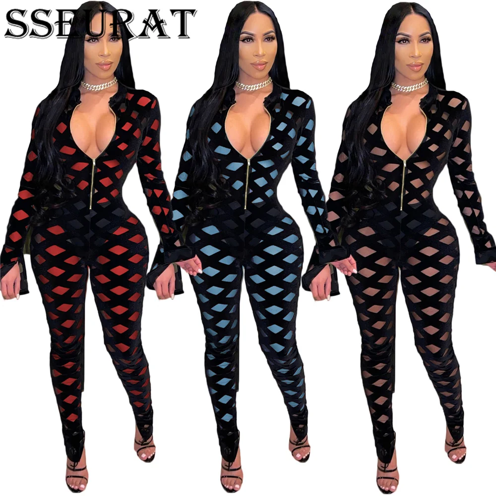 

SSEURAT Women Jumpsuit Mesh Patchwork Full Sleeve Zip Stretchy Bodycon Jumpsuits Sexy Fashion One Piece Overalls Autumn