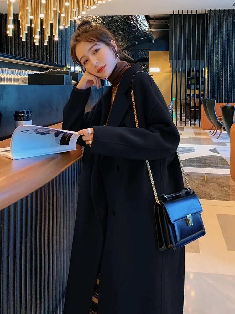 

Hepburn style suit woolen coat female mid-length autumn and winter temperament goddess fan thick Korean woolen coat