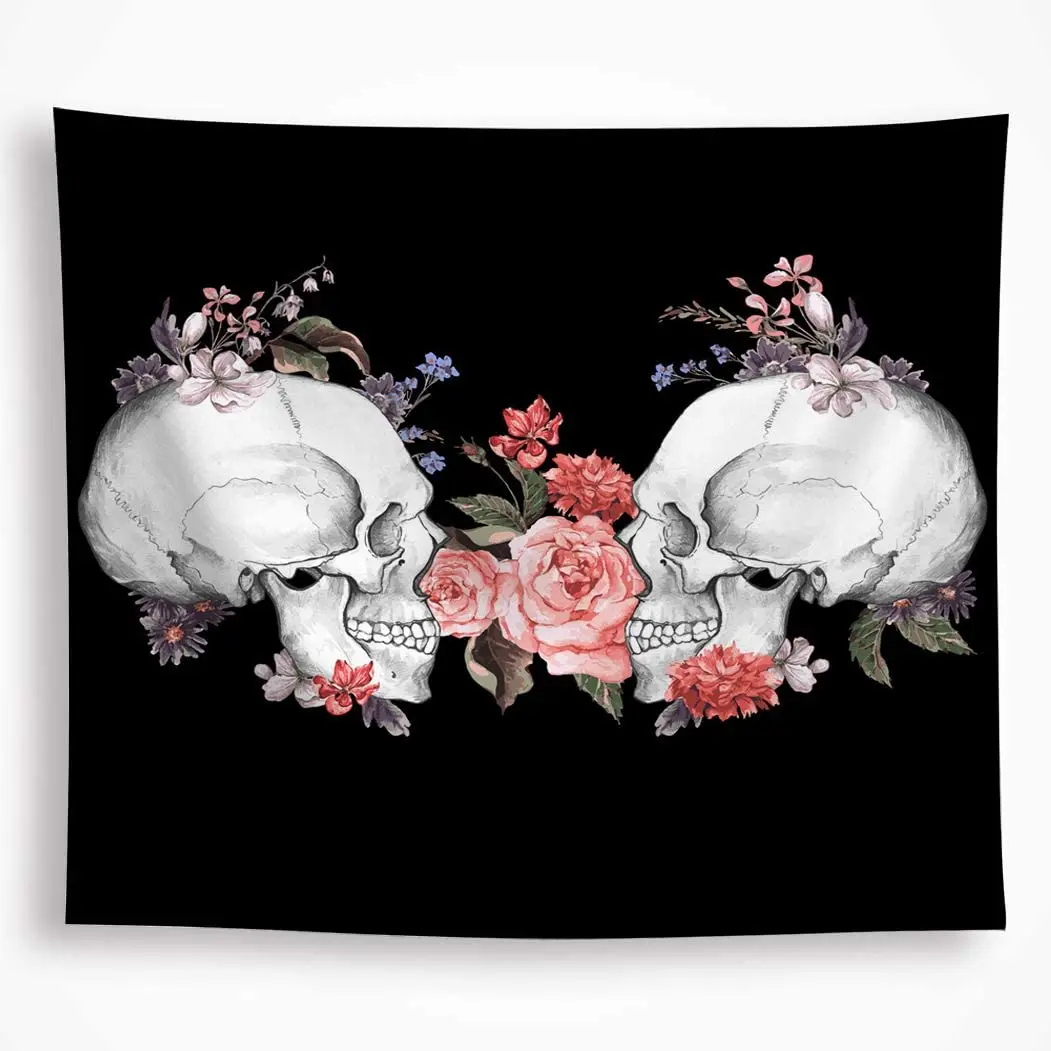 

Smile Skull Tapestry Black & White Wall Hanging Flowers Skeleton Kissing Goth Wall Art Decoration for Living Room Bedroom Dorm
