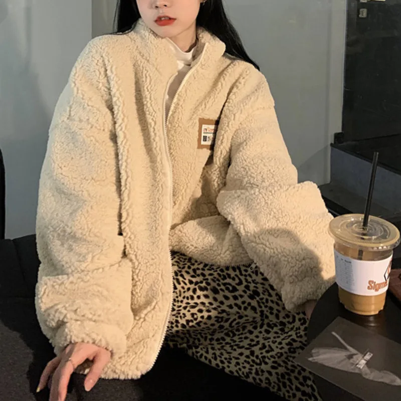 

Loose and Versatile Stand Collar Lamb Wool Cotton Jacket Winter Thickened Warm Label Long Sleeve Cotton Jacket Women