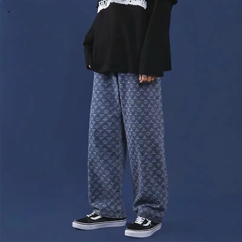 Джинсы мужские жаккардовые с широкими штанинами винтажные прямые брюки-багги