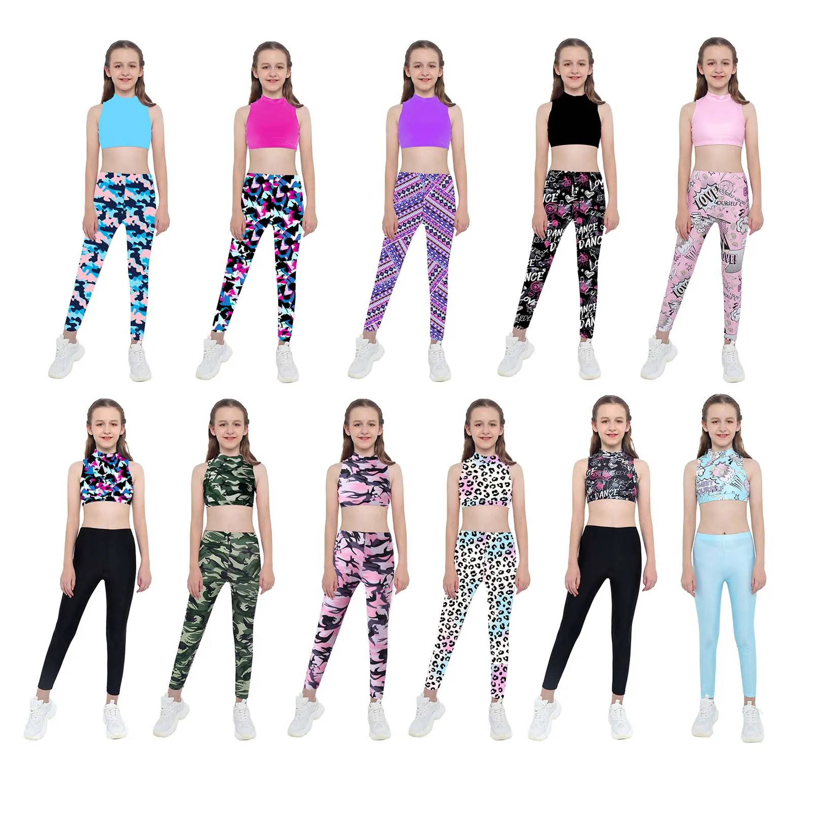 

New Kids Girls Ballet Dance Set Yoga Gym Sportwear Stand Collar Sleeveless Keyhole Back Crop Top High Waist Pants Trousers Suits