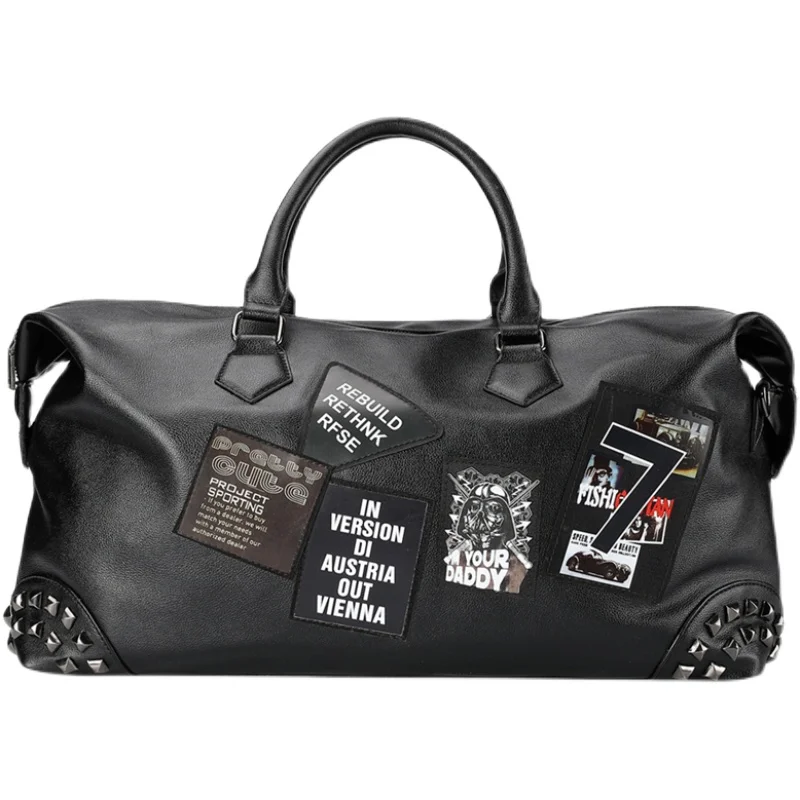Classic Leather Rivet Man Bag Short Travel Bag One Shoulder Crossbody Bag Handbag Large Size Duffel Bag Fitness Bag Backpack