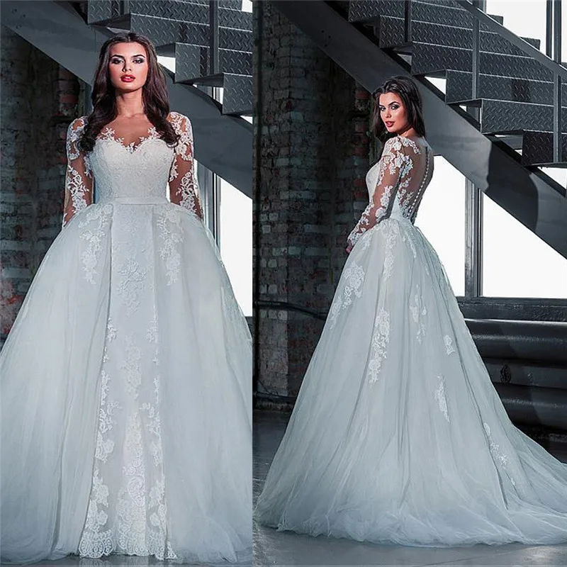 

Sheer Long Sleeves Mermaid Wedding Dresses With Detachable Train Long Custom Made Bridal Gowns Two Pieces