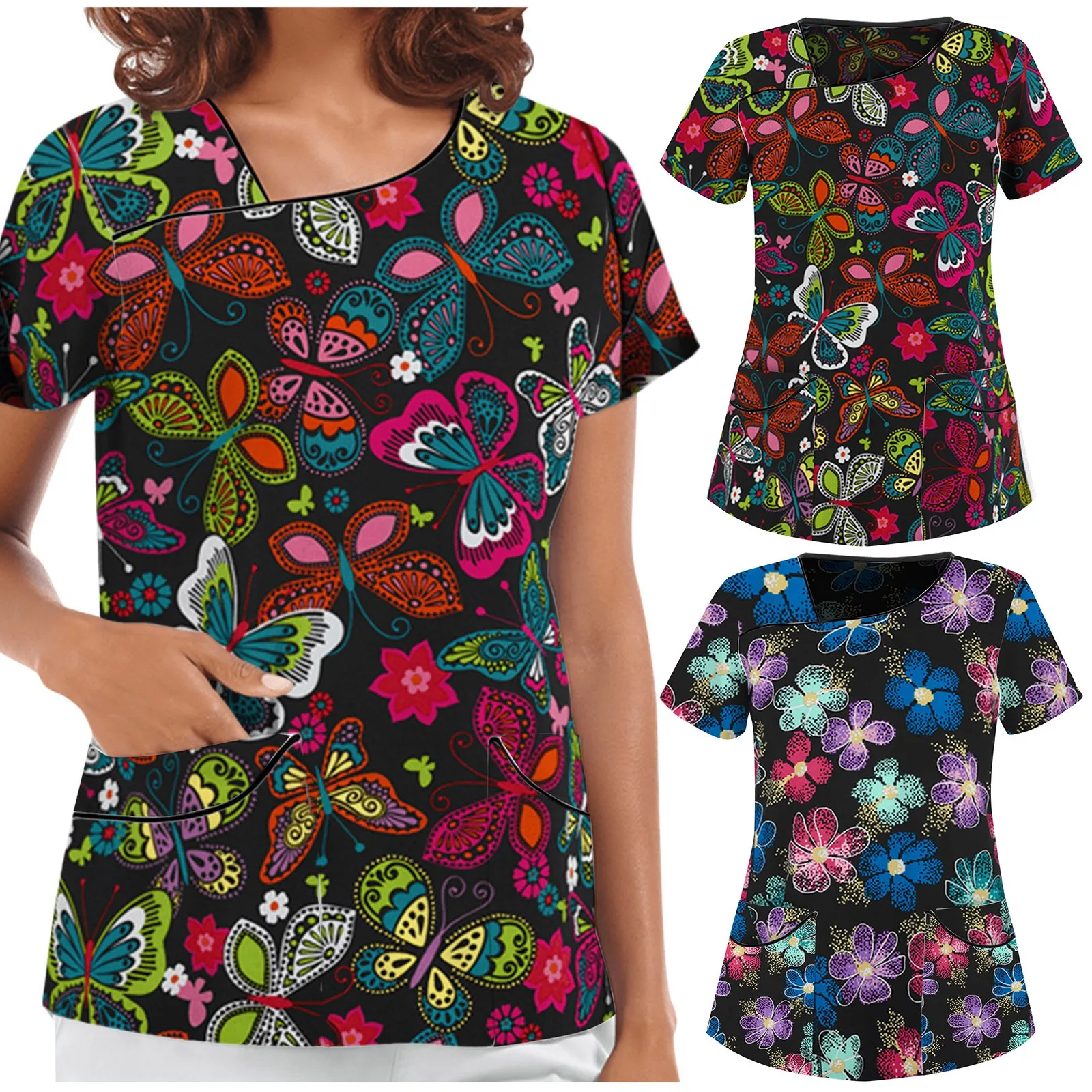 

Women Nurse Uniform Plus Size Summer Short Sleeve Asym-neck Flower Prints Top Clinic Working Uniform T-shirts