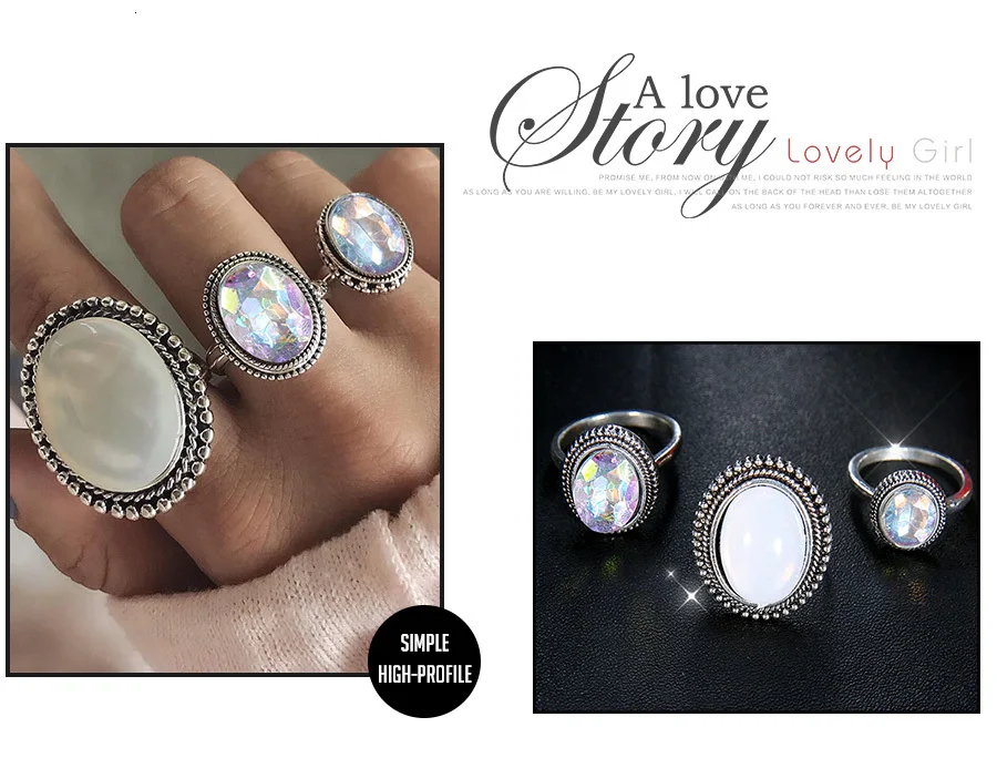RAVIMOUR 3 шт./компл. панк кольца для Для женщин Женский Vintage Opal резиновый Свадебный Тарельчатая комплект Модные украшения Аксессуары