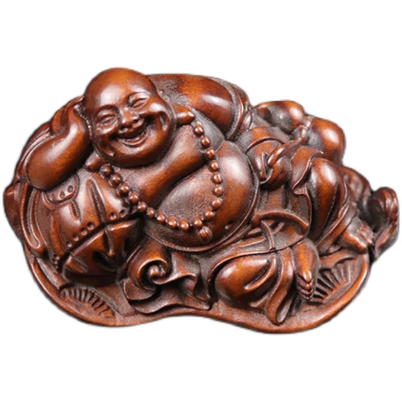 

7X4X4 CM Maitreya Lying on Lotus Hand Carved Boxwood Figurine Carving Lucky Buddha Sculpture Feng Shui Home Decor - #W055