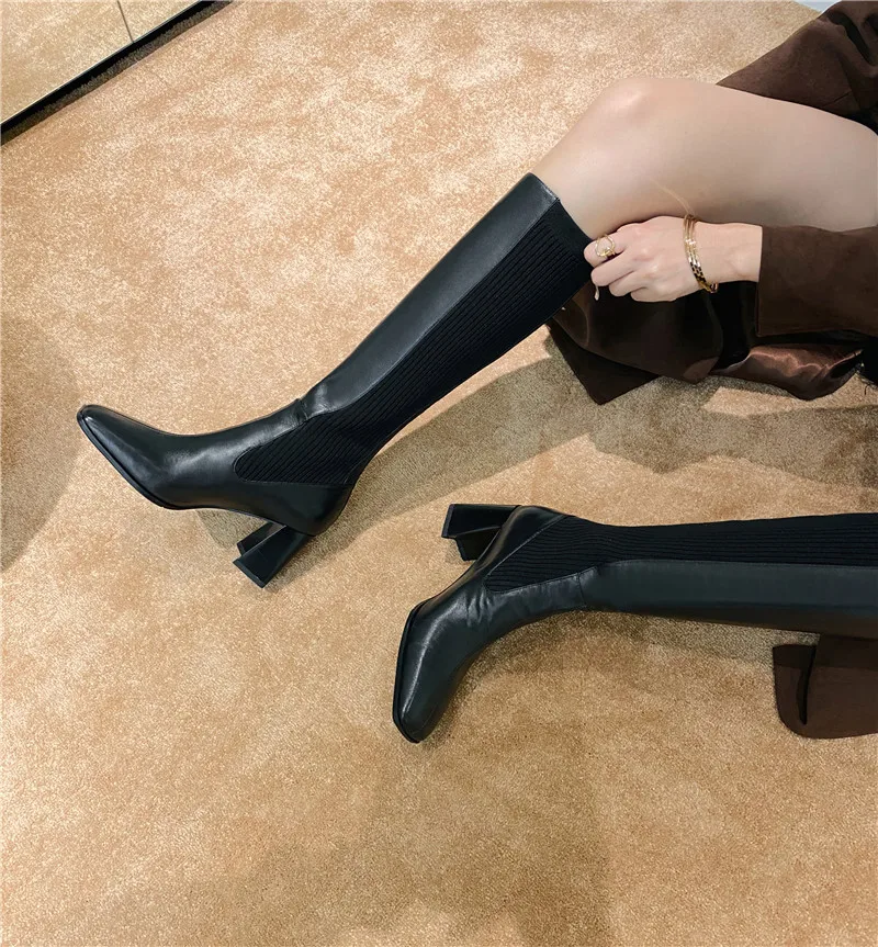 

Dilalula Square Toe Female Knee High Boots Genui Leather Thick High Heels Autumn Winter Long Boots Ladies Shoes Woman 2021