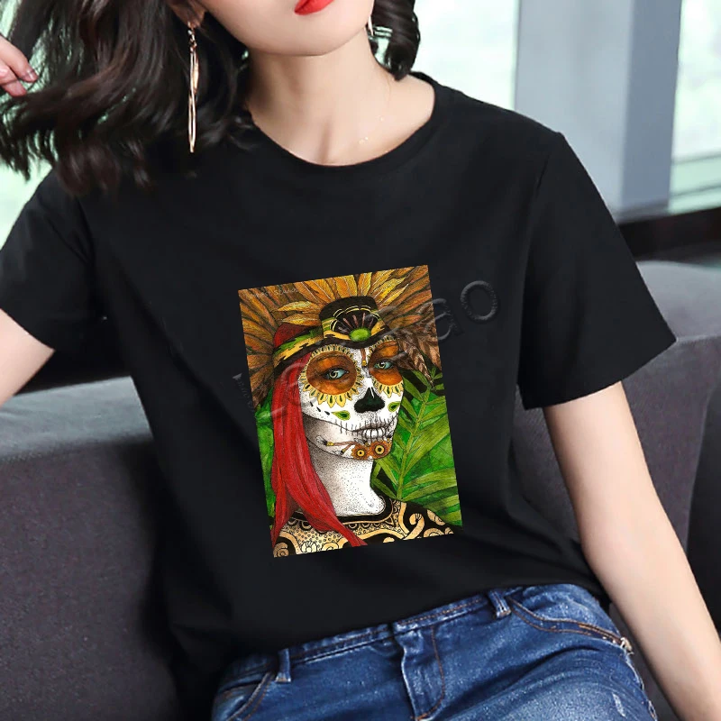 Красочные перьевые футболки с изображением черепа женские графические черные
