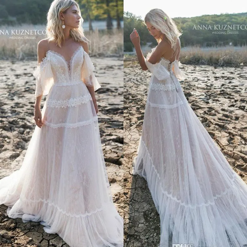 

Свадебное платье с открытыми плечами, кружевное ТРАПЕЦИЕВИДНОЕ ПЛАТЬЕ в стиле бохо, с аппликацией, с открытой спиной, 2020, пляжные свадебные ...